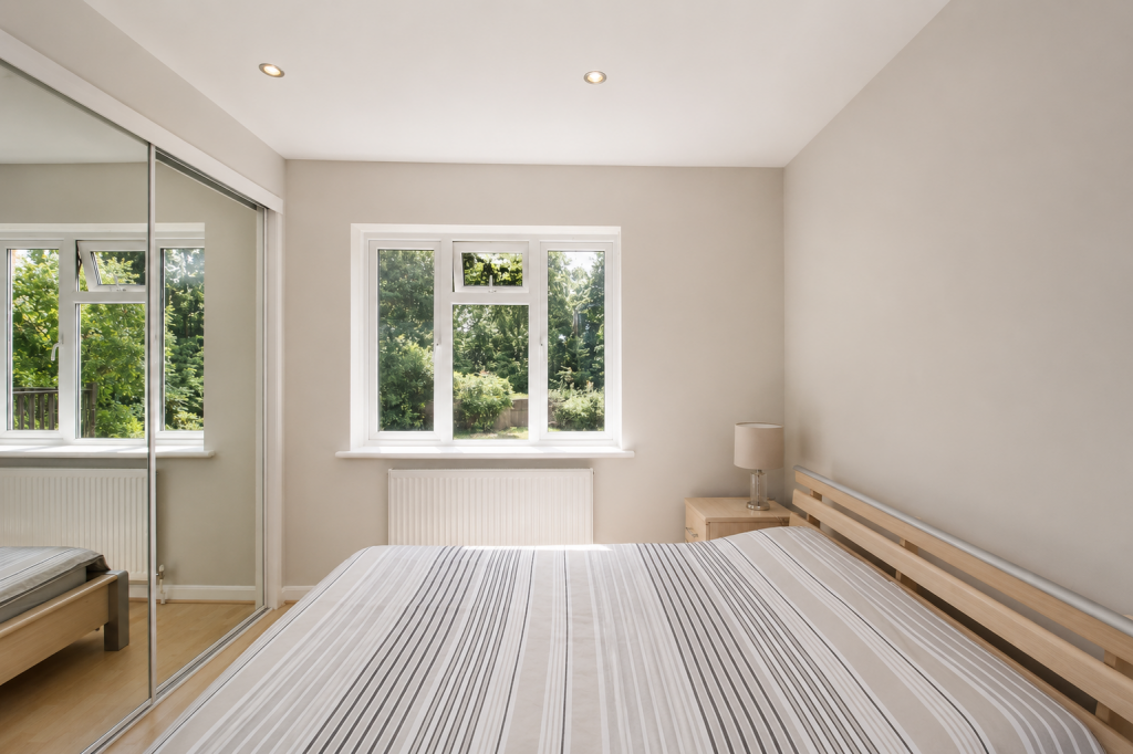 Bright minimalist bedroom with a striped duvet, wooden bed frame, and a large window overlooking greenery outside.