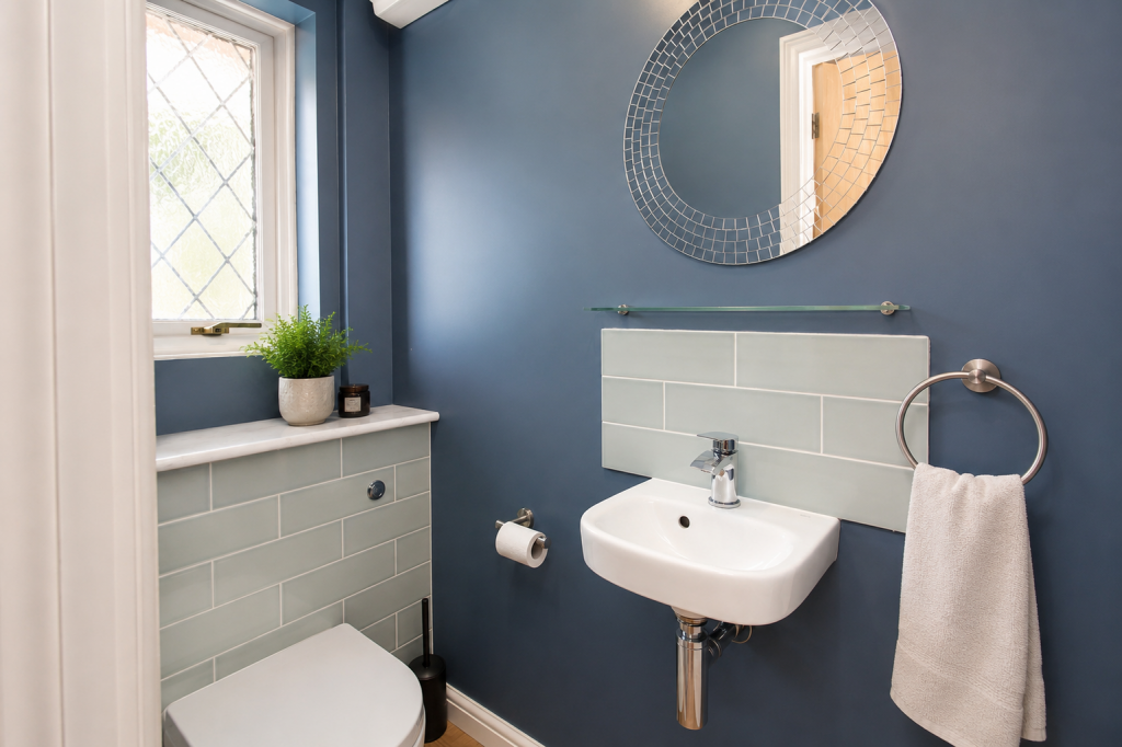 Modern blue bathroom with wall-mounted sink, round mosaic mirror, and glass shelf above a light subway tile backsplash.