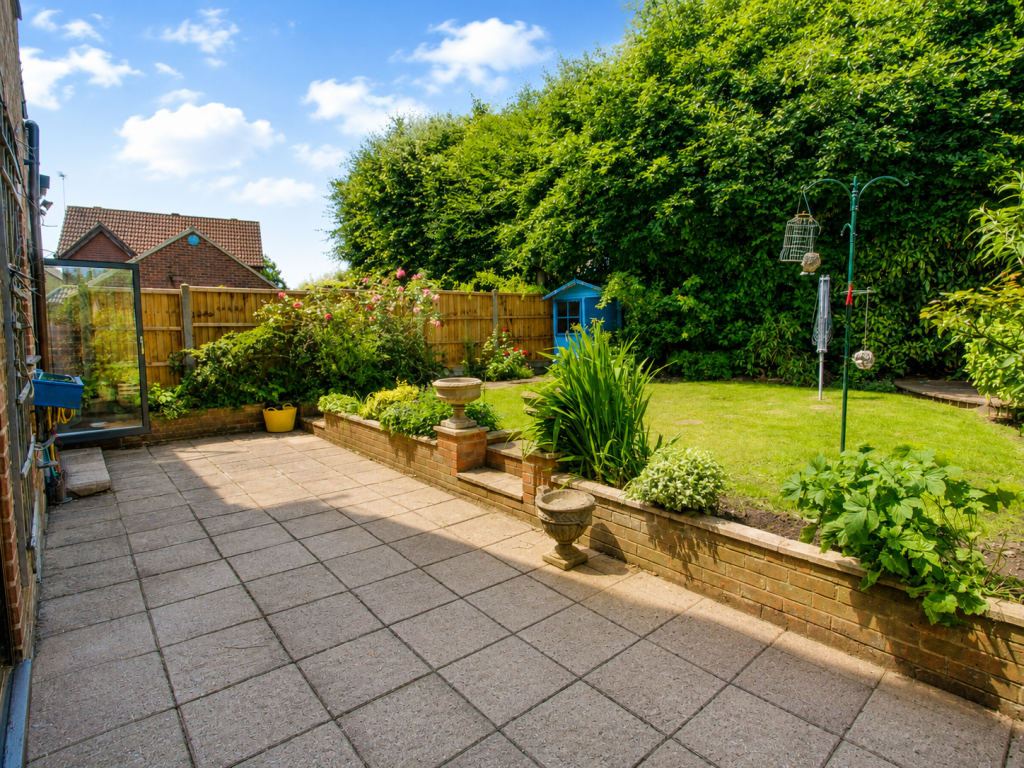 Sunlit backyard patio with tiled ground, raised brick planter beds, and a green lawn bordered by a tall hedge.