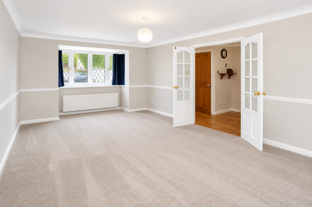 Bright empty living room with beige walls, bay window with blue curtains, radiator, and white-framed French doors to an adjacent room.