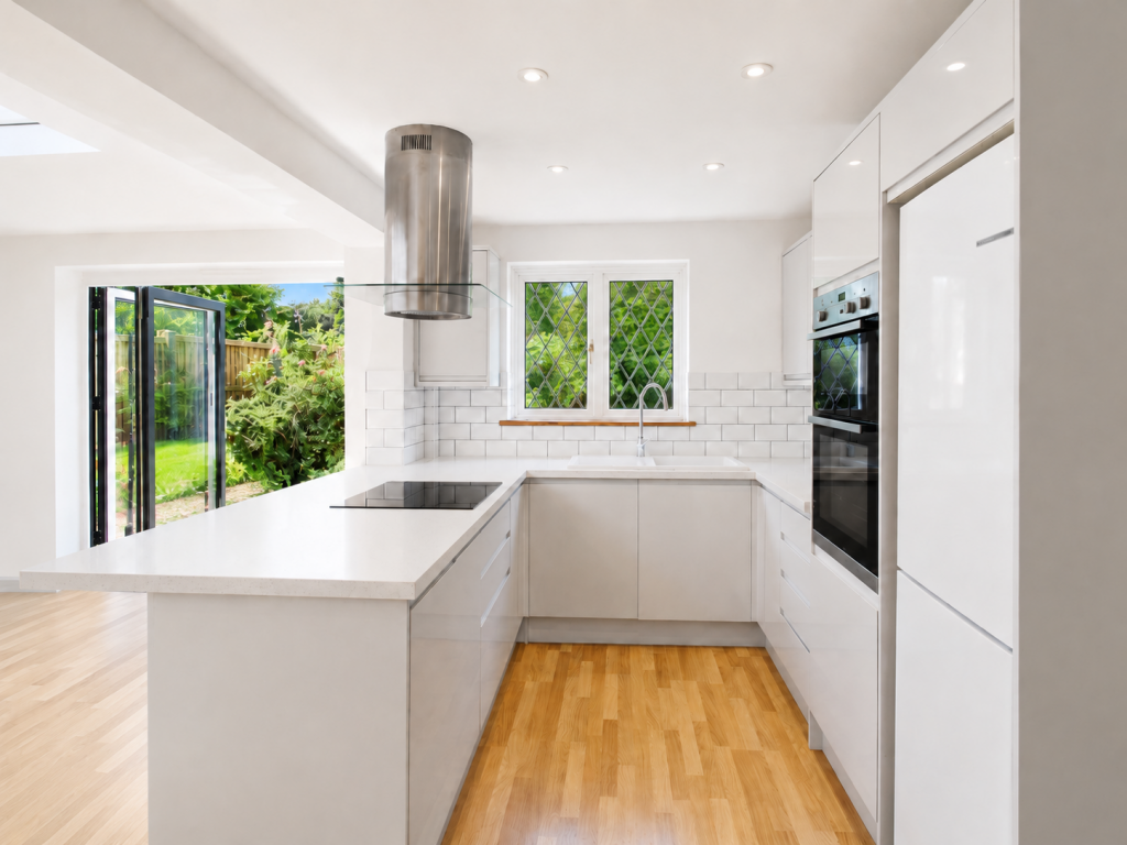 Modern white kitchen with an island, stainless steel range hood, and brick-like white tile backsplash overlooking a garden door.