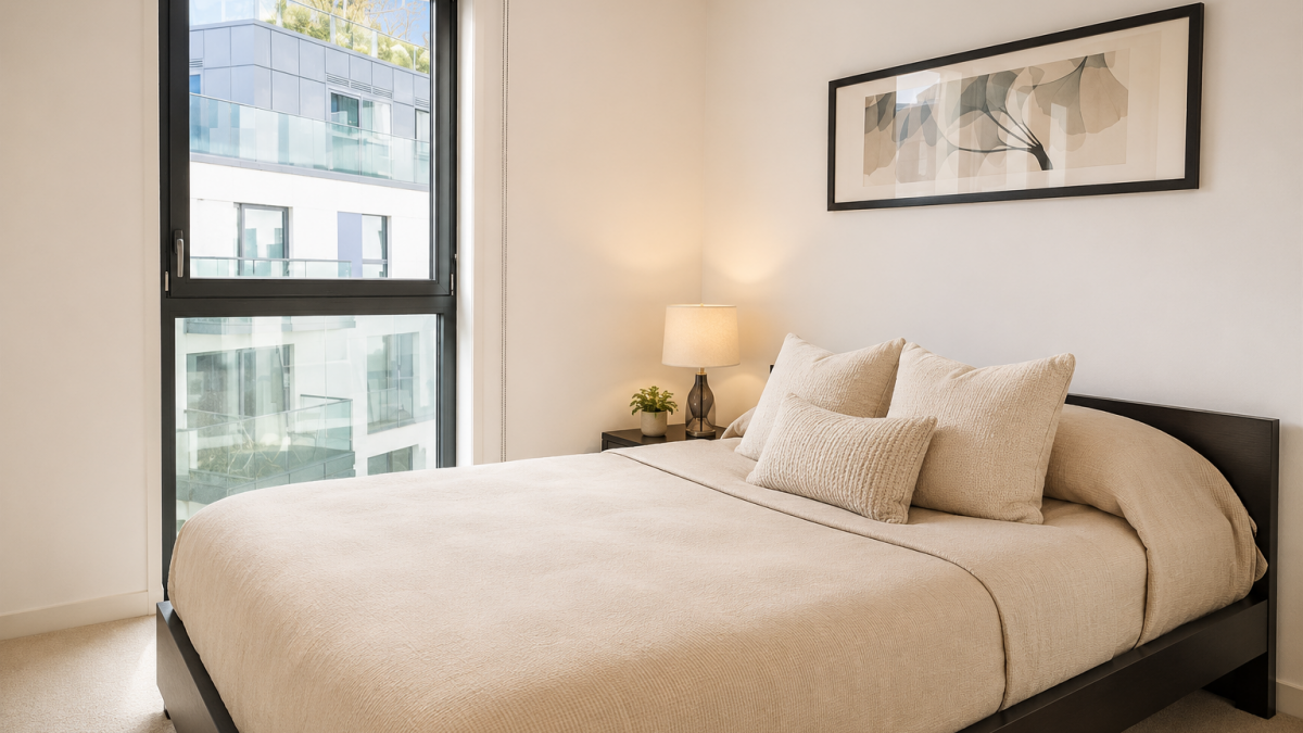 Modern bedroom with beige bed and pillows, dark wood frame, beside a large window and a nightstand with lamp.